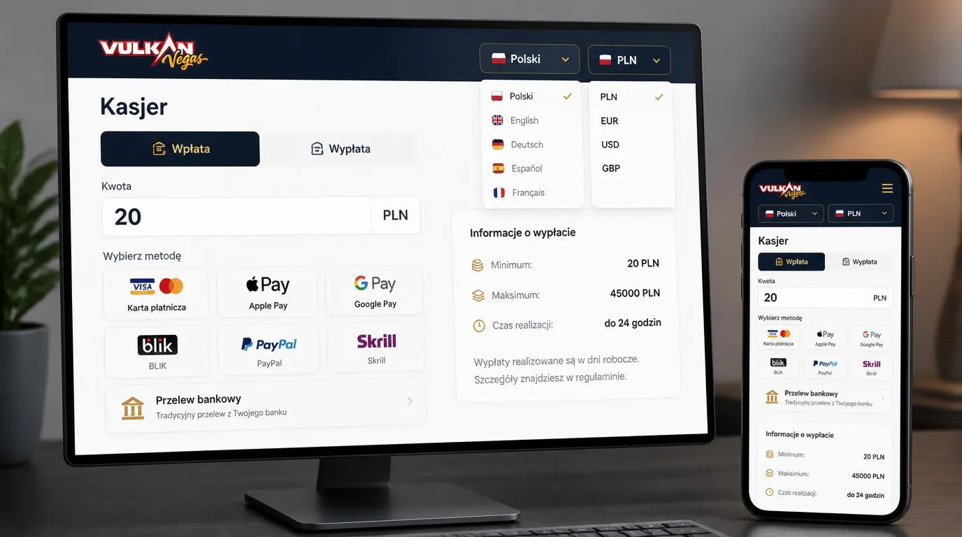 Panel kasy z kwotą 20 PLN, wyborem kart i portfeli oraz ustawieniami polskiego języka i waluty