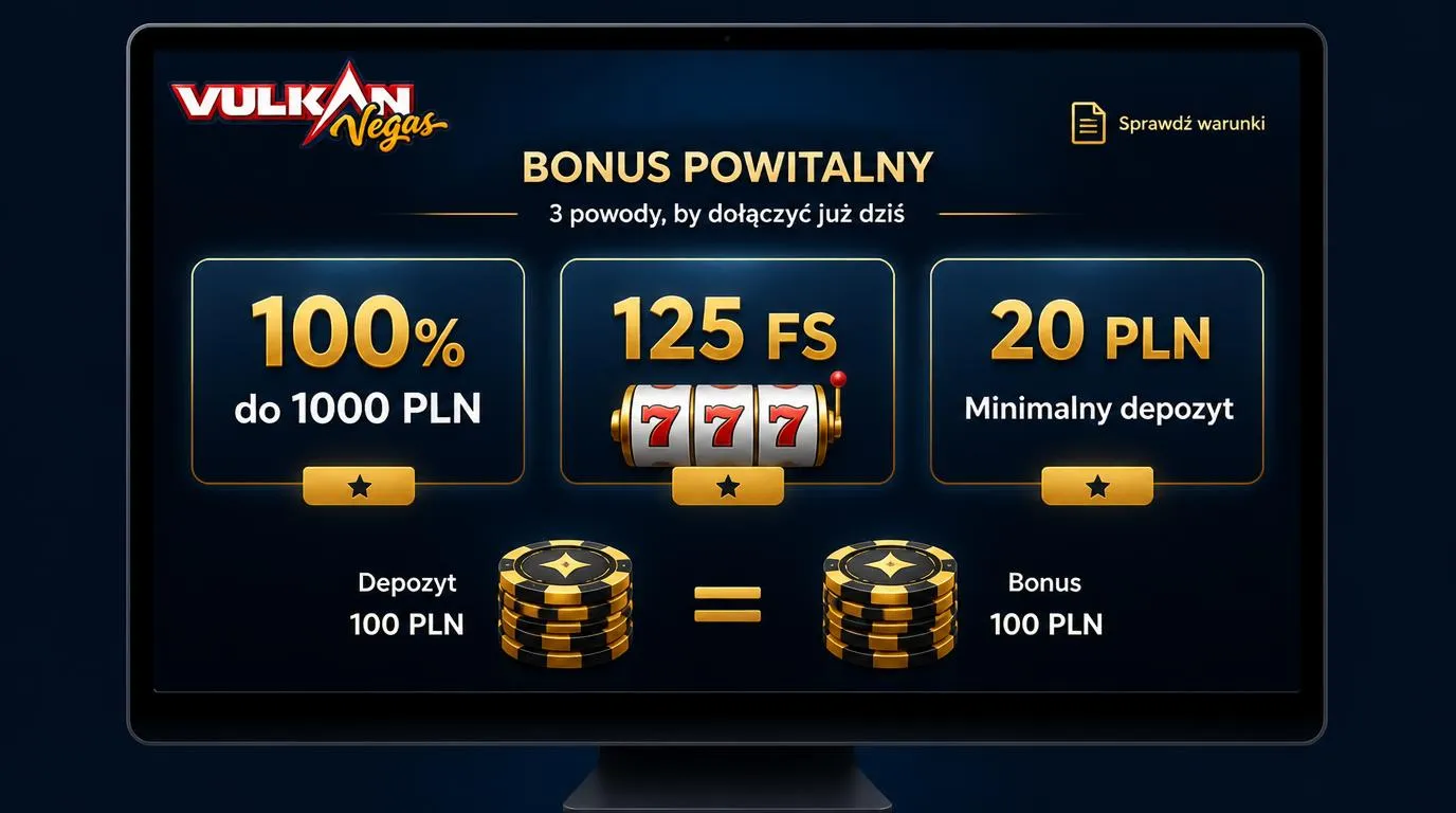 Panel bonusu powitalnego z dopłatą 100% do 1000 PLN, 125 darmowymi spinami i minimalnym depozytem 20 PLN