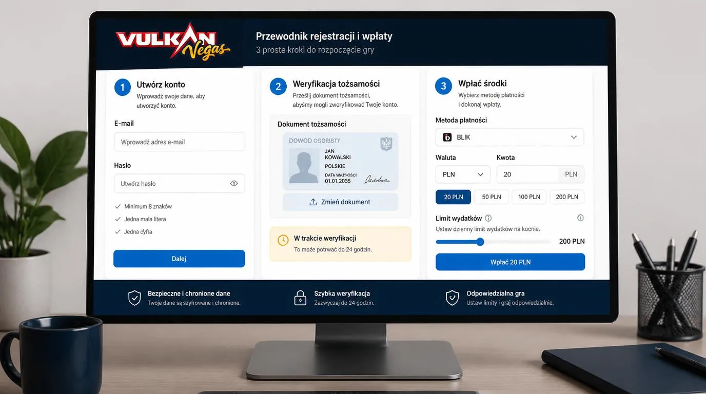 Panel konta z formularzem rejestracji, przesyłaniem dokumentu i depozytem 20 PLN
