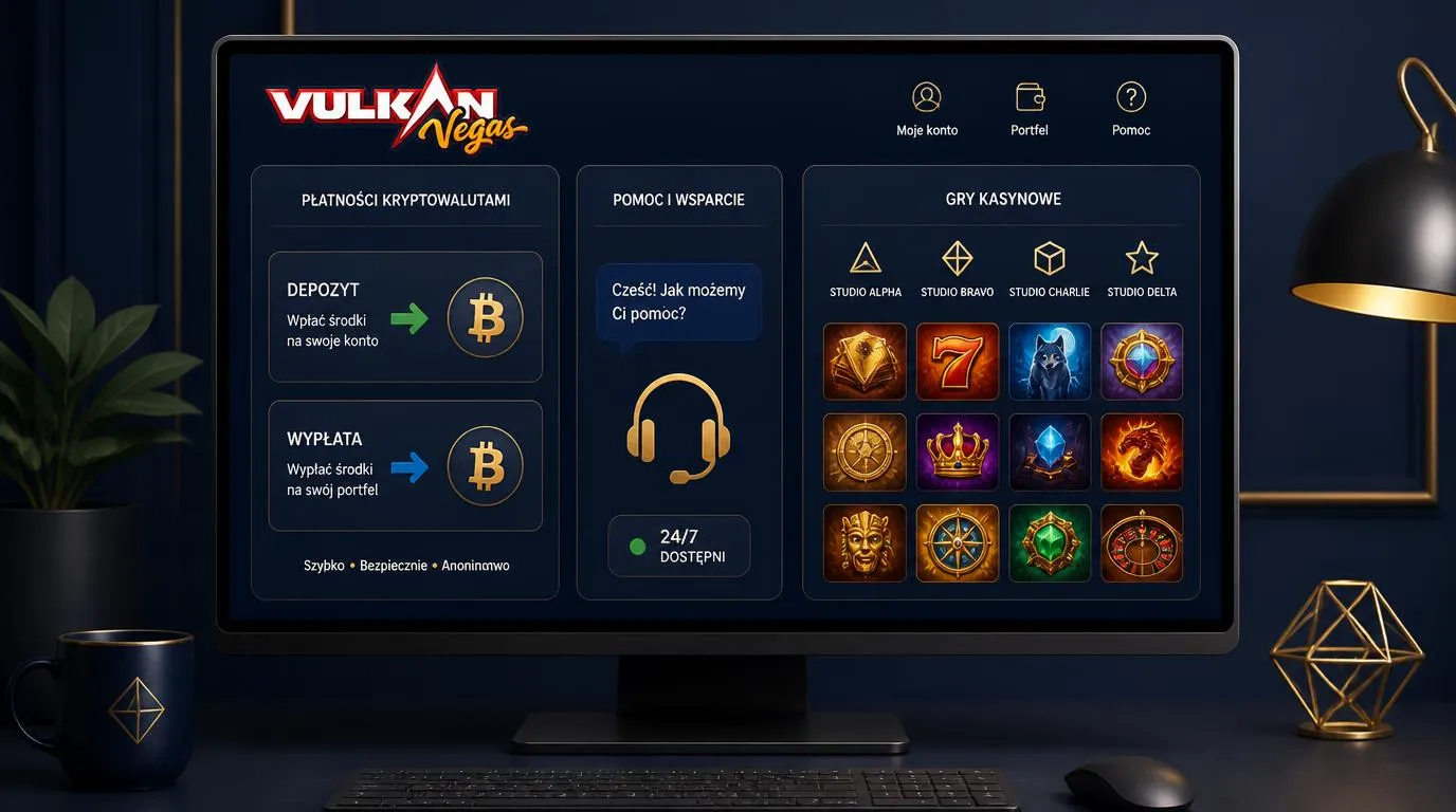 Panel kasyna z wpłatą i wypłatą kryptowalutową, pomocą 24/7 oraz kafelkami gier różnych dostawców