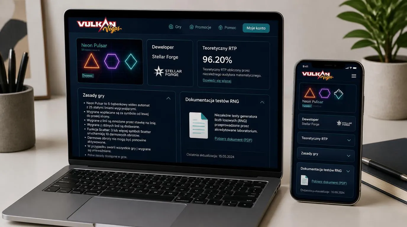 Panel informacji o grze z nazwą studia, parametrem RTP i dokumentacją testów RNG na ekranie laptopa